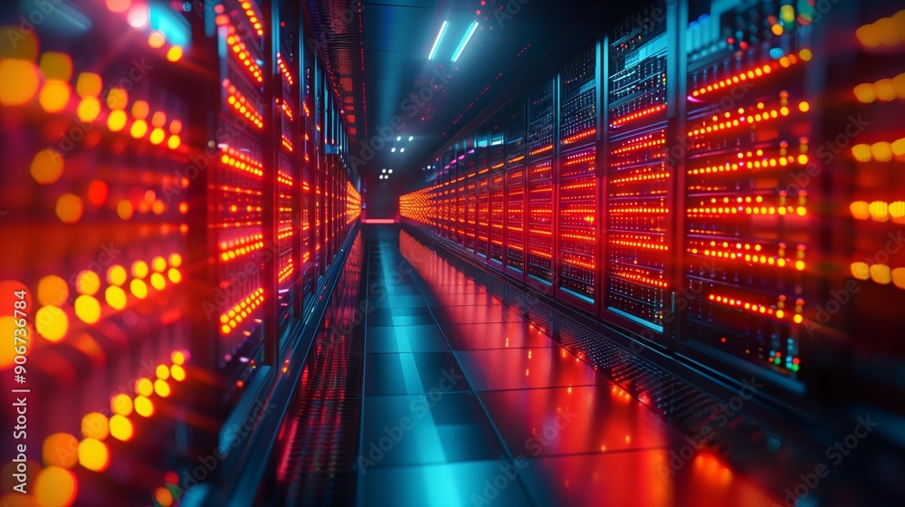 A corridor in a data center showcases rows of glowing LED lights creating a dynamic display of color in a high-tech environment. A corridor in a data center showcases rows of glowing LED lights creating a dynamic display of color in a high-tech environment.