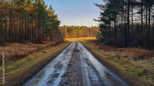 Tranquil Balance: Scenic Road Between Pine Forest and Open Field Embraces Contrast and Harmony