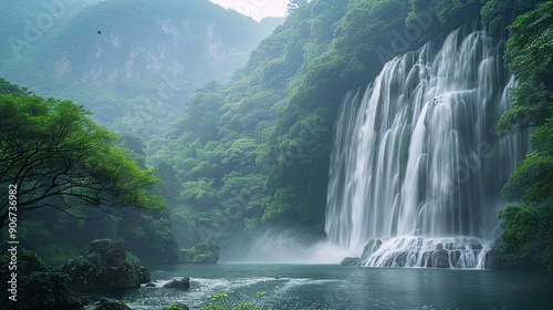 Beautiful photograph of a serene waterfall surrounded by lush greenery and a distant smoky haze, highlighting the impact of climate change on water sources and surrounding habitats. high resolution