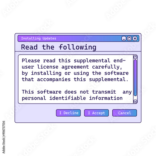 Retro Installing message with information on screen. Setup notification window with gradient.