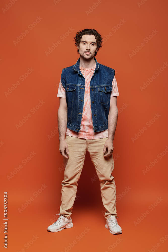 A handsome man poses thoughtfully against a bold orange background. A handsome man poses thoughtfully against a bold orange background.