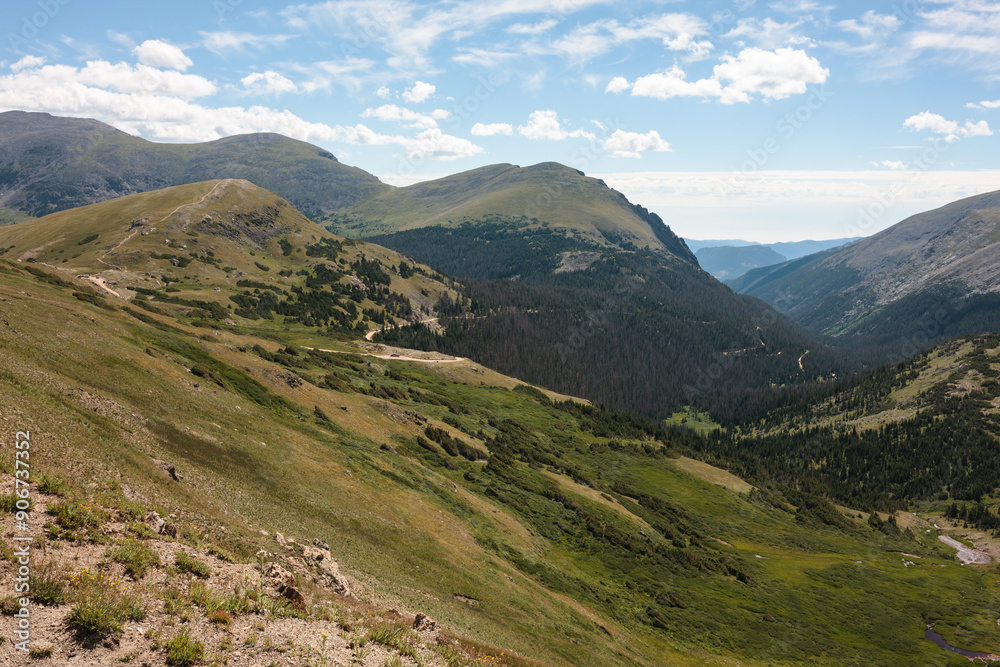 Looking eastward from the Alpine Visitor Center, in Rocky Mountain National Park, Colorado in mid-August, with the one-way up Fall River Road traversing the mountain below Looking eastward from the Alpine Visitor Center, in Rocky Mountain National Park, Colorado in mid-August, with the one-way up Fall River Road traversing the mountain below