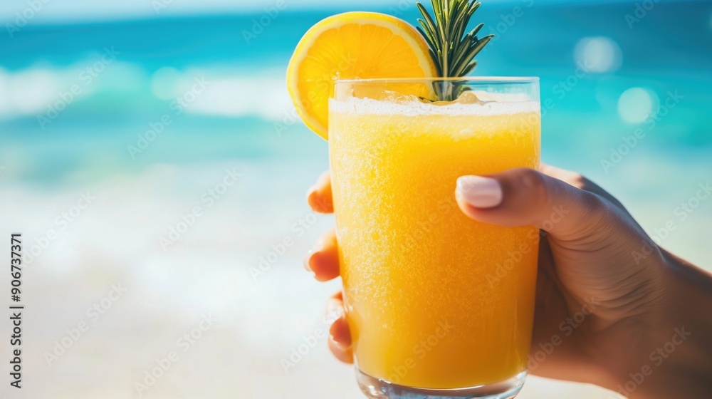Refreshing citrus drink with lemon and rosemary garnish, held by woman at the beach, tropical and energizing summer beverage concept Refreshing citrus drink with lemon and rosemary garnish, held by woman at the beach, tropical and energizing summer beverage concept