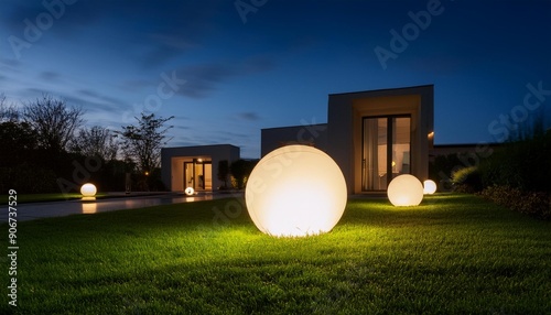 Garden architecture by night with glowing spheres in grass, architecture, construction, modern garden