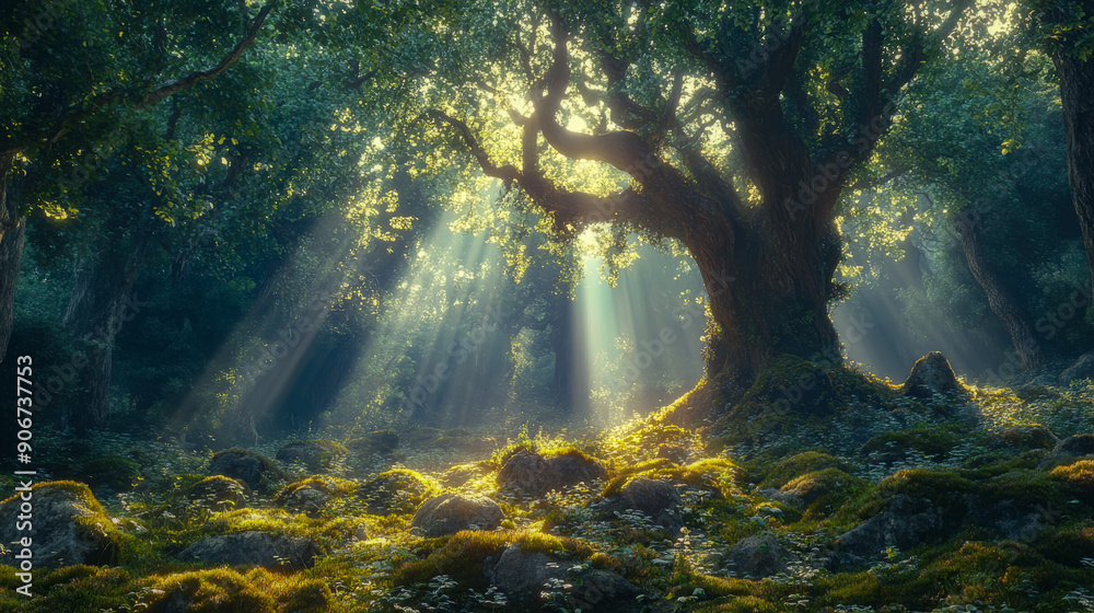 Obraz premium Sunbeams are illuminating a clearing in a lush green forest