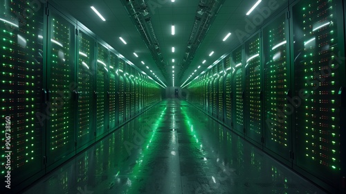 A data center filled with servers emits a vibrant green glow, illuminated by lights reflecting off the polished floor at midnight.