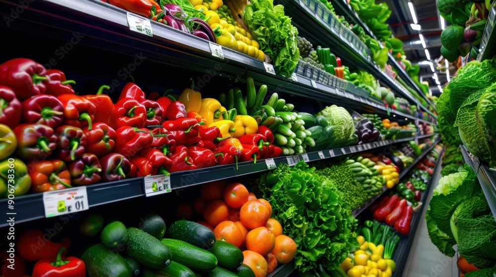 A grocery store aisle with a variety of fresh produce including peppers, tomatoes, and lettuce. The produce is displayed in bins and on shelves, and the store is well-stocked A grocery store aisle with a variety of fresh produce including peppers, tomatoes, and lettuce. The produce is displayed in bins and on shelves, and the store is well-stocked