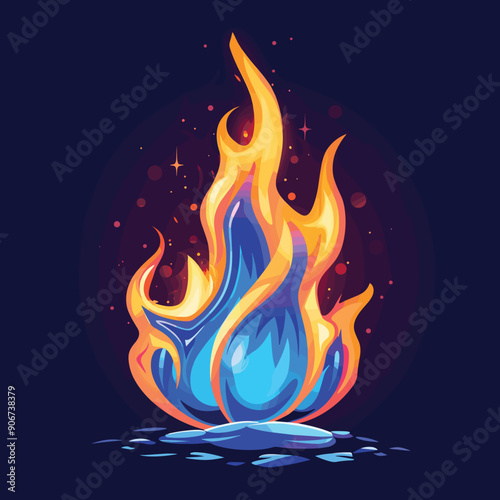 Vibrant blue orange flames vector illustration, fiery design sparks, intense fire graphics. Cartoon style fire, artistic representation flames, bright colors used depict heat energy. Dynamic flame
