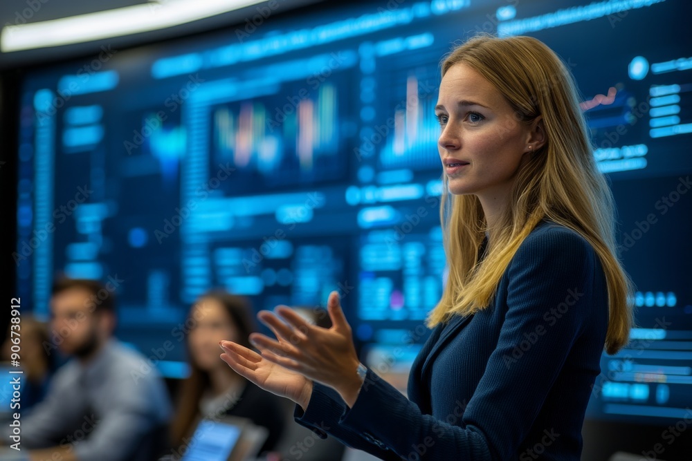 Businesswoman Giving a Presentation in Front of Data Screens