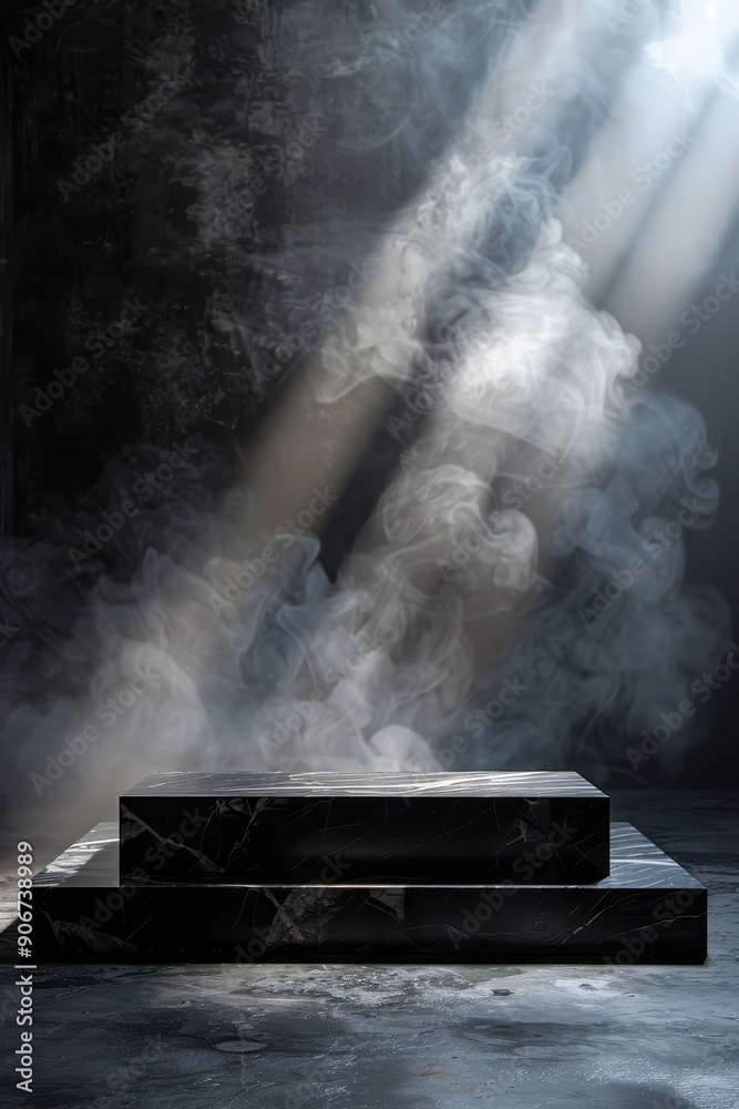 Dramatic Light Beams Shining on Black Marble Pedestal in Dark Atmospheric Setting Dramatic Light Beams Shining on Black Marble Pedestal in Dark Atmospheric Setting