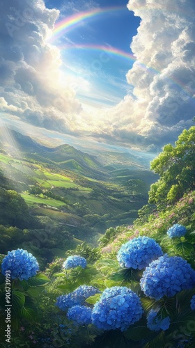 Clouds surrounded by white rainbow in blue sky