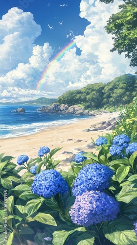 With white clouds surrounding the rainbow, the blue sky is dotted with rainbows