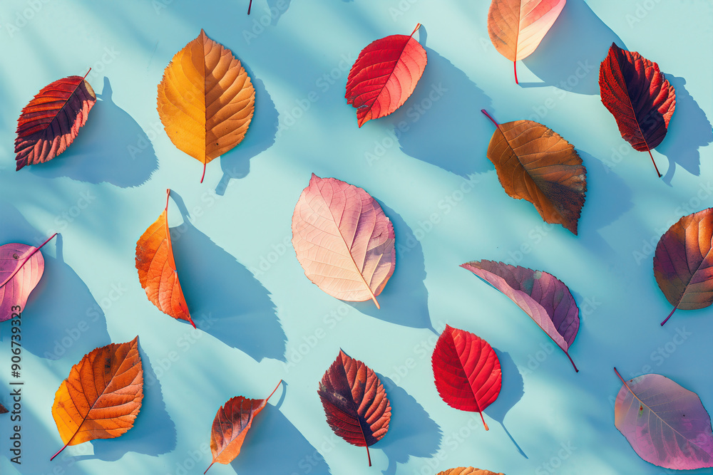 Fototapeta premium Assorted colorful leaves on light blue backdrop