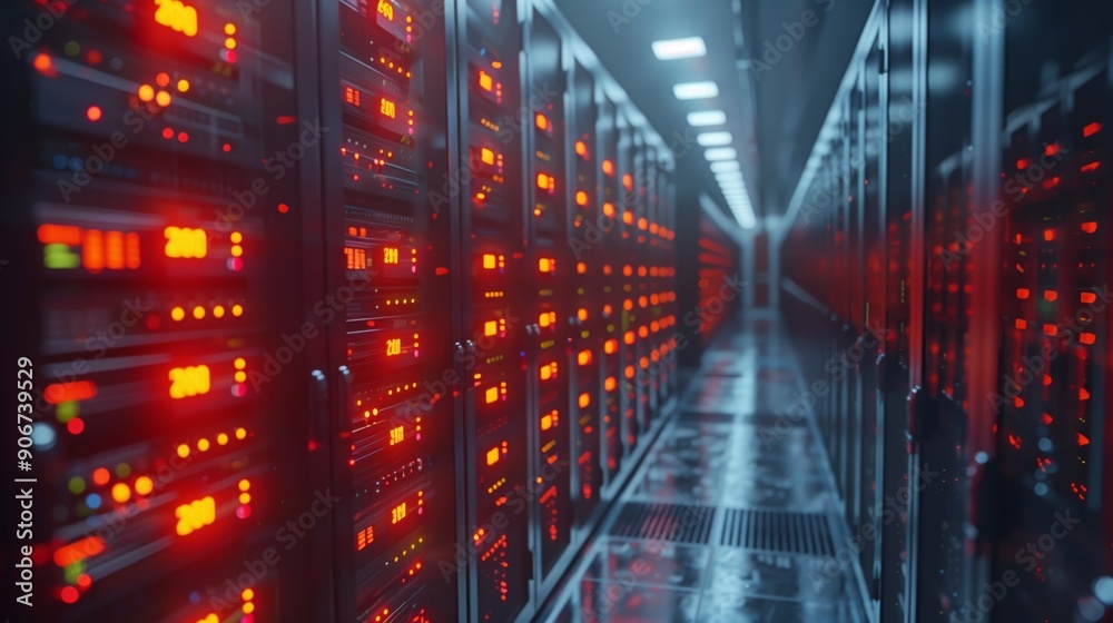A high-tech data center features rows of servers with blinking red lights, conveying a busy environment focused on data processing and management. A high-tech data center features rows of servers with blinking red lights, conveying a busy environment focused on data processing and management.
