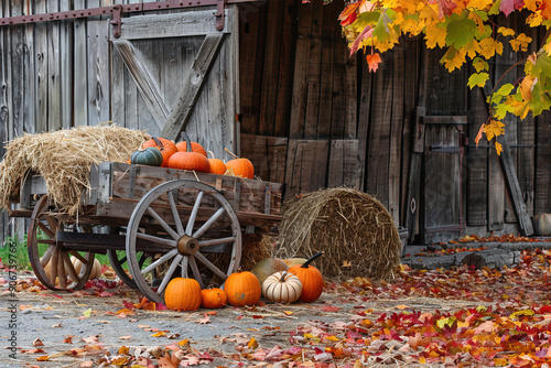 Autumn harvest scene with pumpkins on a wooden cart, hay bales, and fall leaves.