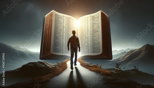 Man Walking Towards an Open Illuminated Bible Symbolizing the Path of Faith and Enlightenment Through Scripture and Spiritual Journey