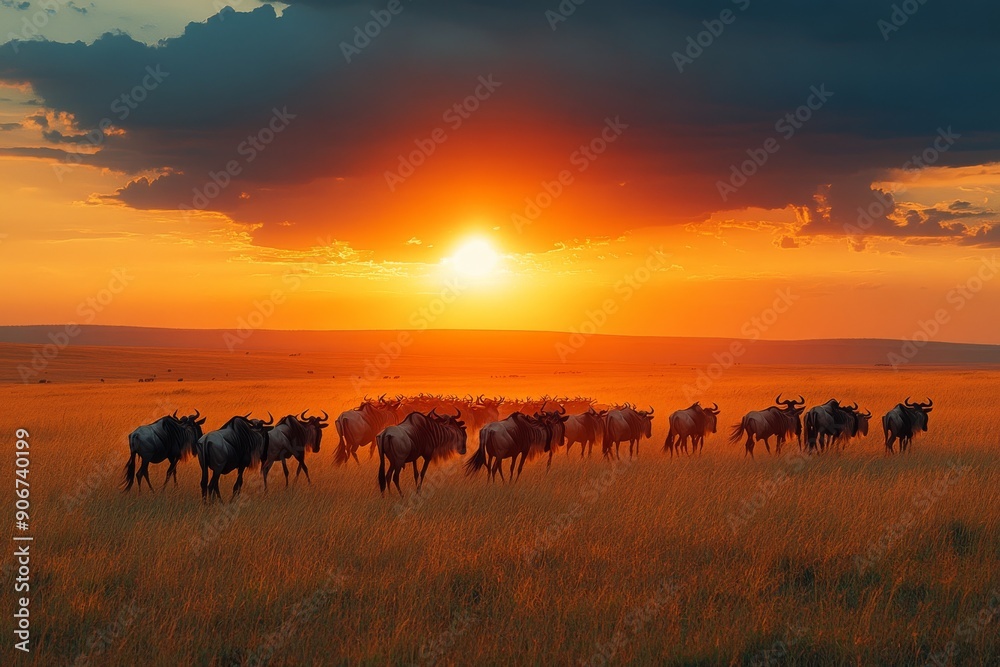 Wildebeest Silhouette Against a Fiery Sunset Wildebeest Silhouette Against a Fiery Sunset