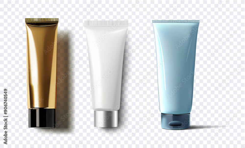 3D illustration of three cosmetic tubes in different colors and designs on a transparent background, perfect for beauty and skincare product presentations beauty cleanser packaging design. Vector 3D illustration of three cosmetic tubes in different colors and designs on a transparent background, perfect for beauty and skincare product presentations beauty cleanser packaging design. Vector