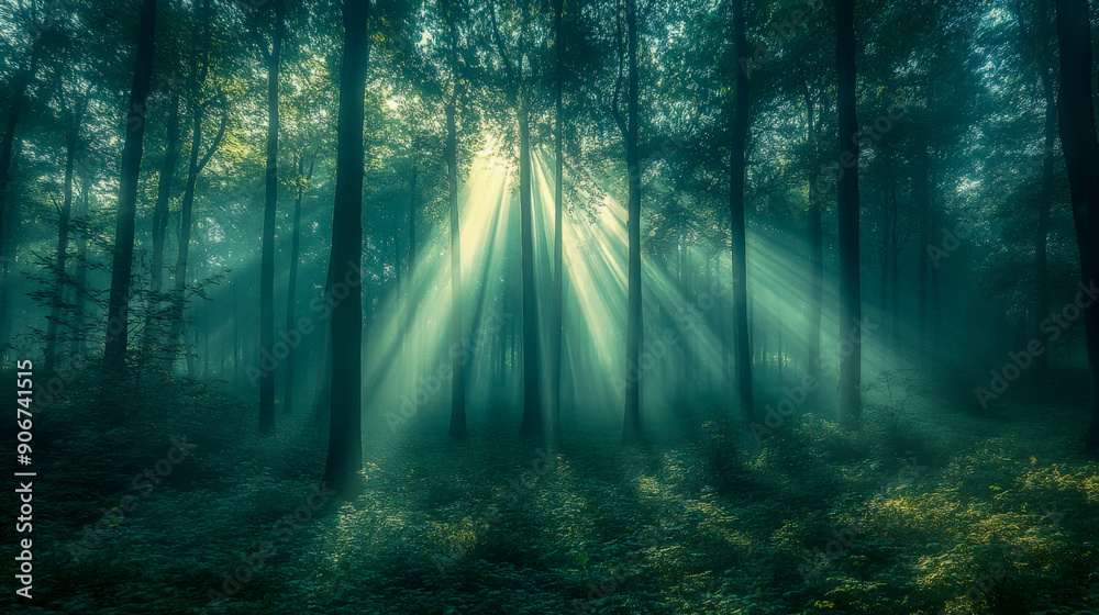 Fototapeta premium Sun rays are illuminating the foggy forest floor as they shine through the trees