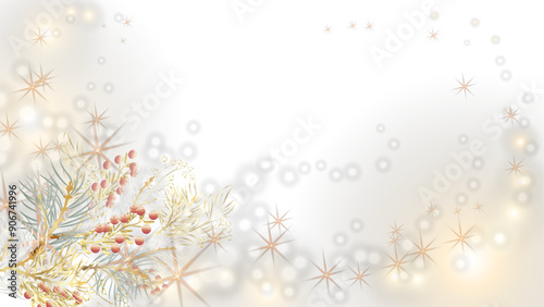 Golden luxury glitter background. Festive vector background with spruce, snowflake, gold, star and confetti for celebration. Black background with glowing golden particles.