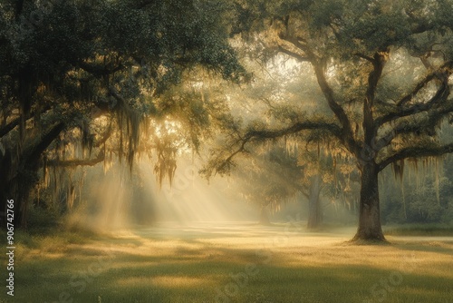 Sunbeams Through The Trees In Misty Meadow