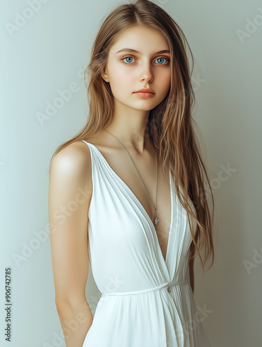 woman with blue eyes standing in white dress, studio, minimalism