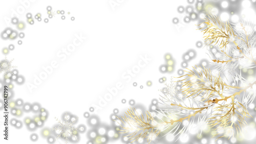 Golden luxury glitter background. Festive vector background with spruce, snowflake, gold, star and confetti for celebration. Black background with glowing golden particles.