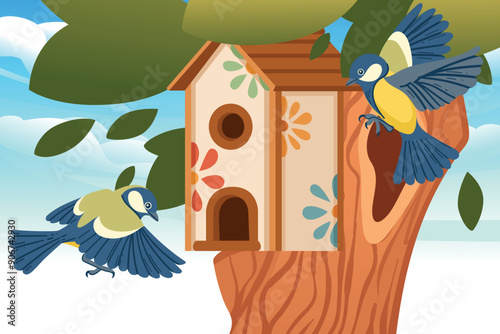 Beautifully designed birdhouse with floral pattern on a tree trunk. Tit birds flying around. Vector illustration