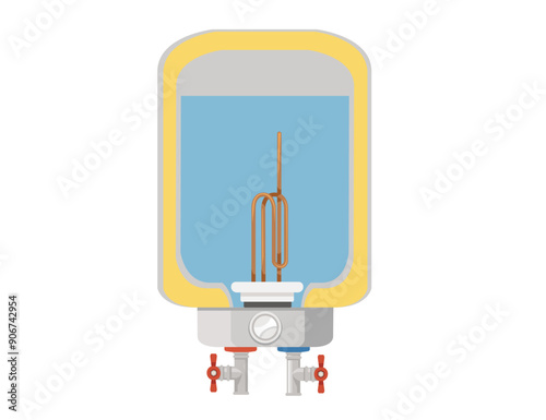 Cross-sectional diagram of a water heater with internal components: heating elements, insulation layer, thermometer, and connection fittings. Modern water tank with heating pipe. Vector illustration