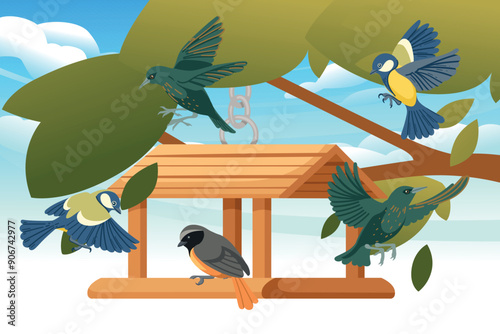 Wooden gazebo-like bird house hanging from a tree, with a flat roof and open sides. Hanging gazebo unique and airy shelter for birds. Vector illustration