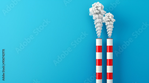 Two smokestacks emitting thick white smoke against a clear blue sky photo