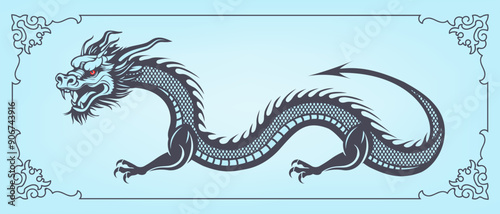 Vector graphic dark monochrome stylistic asian, chinese long writhing dragon in frame. Banner or greeting postcard. Blue background.
