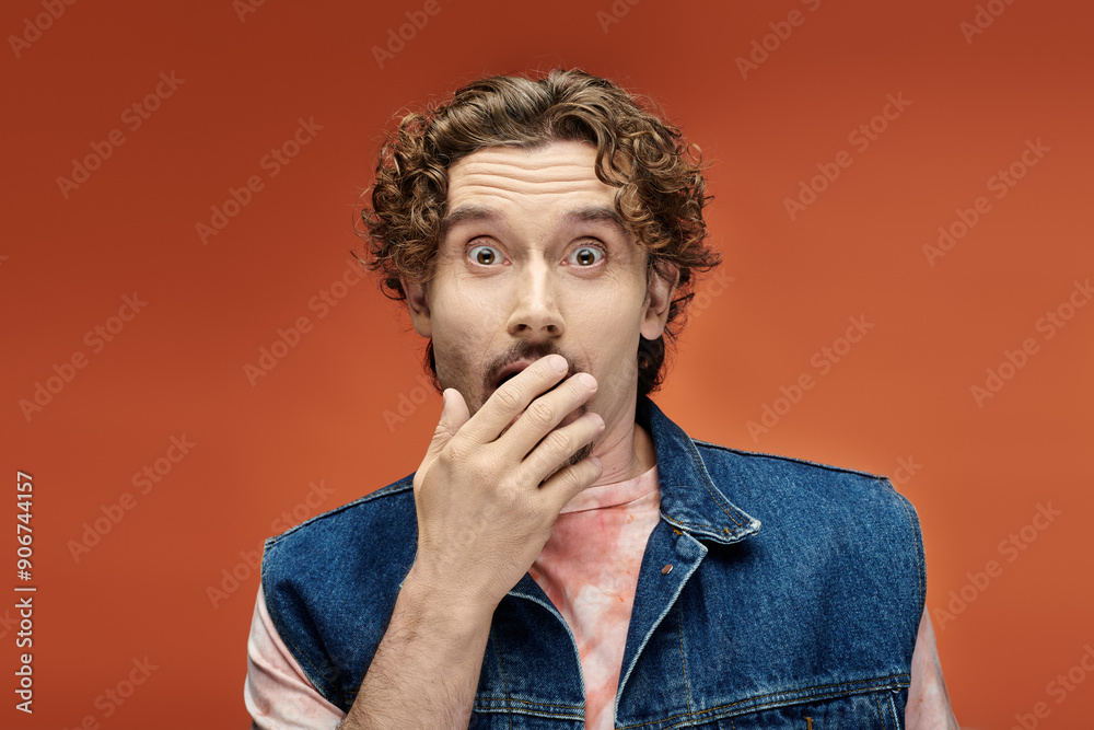 A stylish man shows surprise with a hand to his mouth on a bright backdrop. A stylish man shows surprise with a hand to his mouth on a bright backdrop.