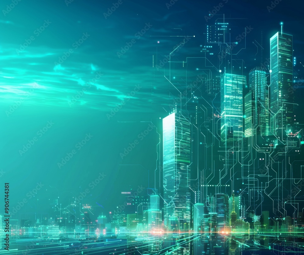 Futuristic Cityscape: Translucent Line Graphics Blend with Vibrant Street Scenery, Showcasing Smart City Concept in Business Hub, Graphic design, Wallpapers, Brochure, Websites, banner, Advertising, 