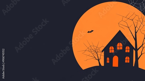 A haunted house with broken windows, cobwebs, and a full moon in the background, copy space for text, flat design illustration, high-resolution photo, realistic photo