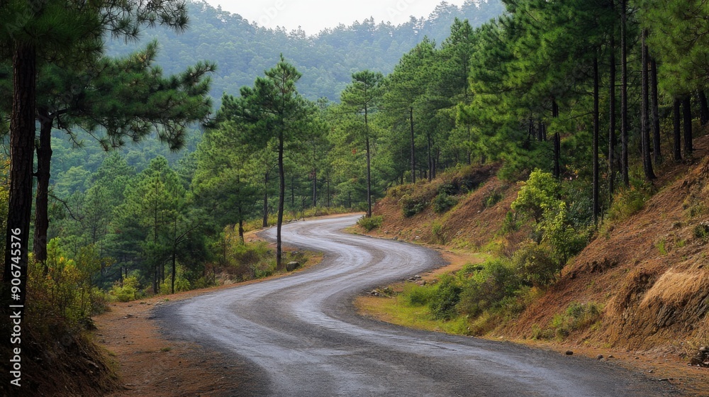 Fototapeta premium Serene Ascent: Scenic Road Winding Through Pine-Covered Hill on Journey to the Top