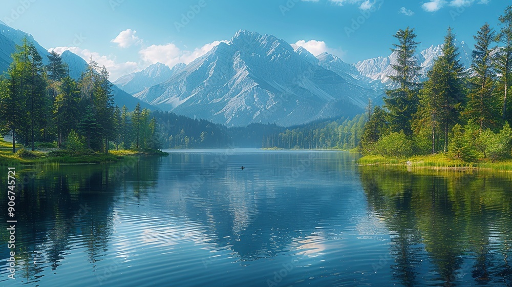 A calm lake surrounded by trees and mountains, reflecting the need for environmental protection and the effects of climate change on natural water sources. high resolution Illustration, in the style