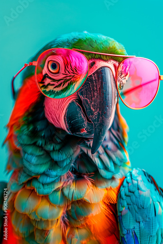 a parrot wearing sunglasses in front of a colorful background
