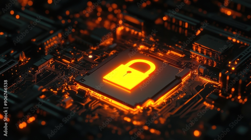 digital padlock symbol on the circuit board that lights up digital padlock symbol on the circuit board that lights up