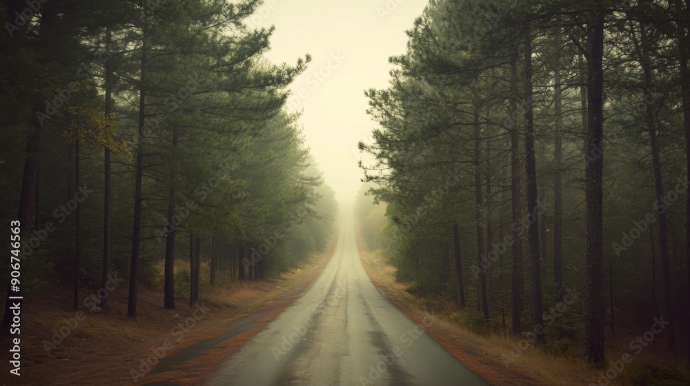 Fototapeta premium Endless Possibilities: Scenic Road Vanishing into the Distance amidst Towering Pine Trees