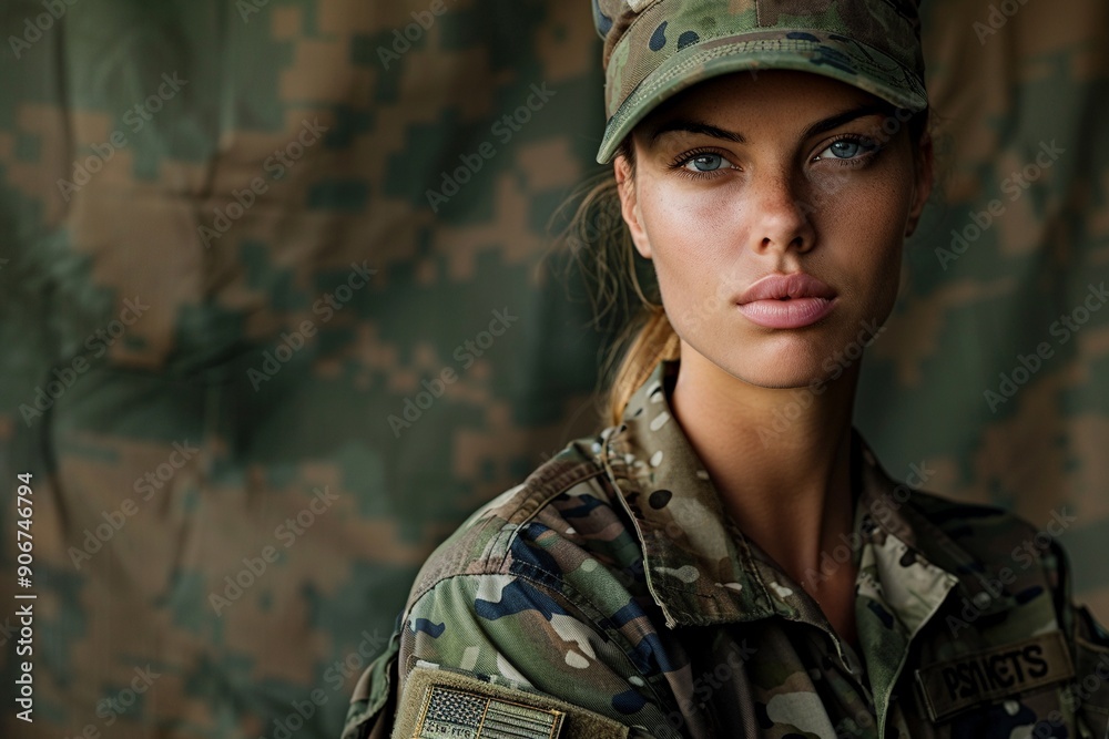 A powerful image of a female soldier in uniform, exuding discipline and patriotism on a camouflage green background with military insignia. A powerful image of a female soldier in uniform, exuding discipline and patriotism on a camouflage green background with military insignia.
