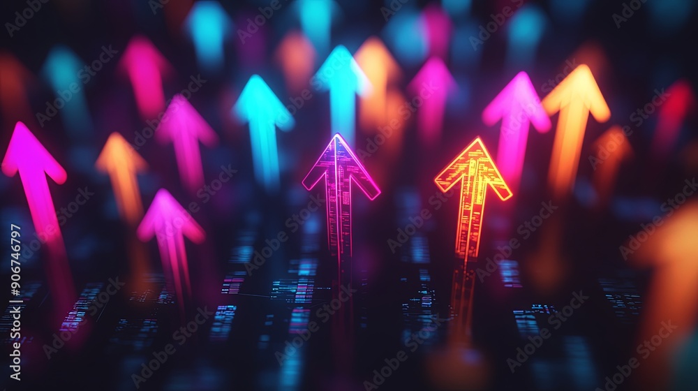 Colorful Upward Arrows in a Tech-Inspired Scene Colorful Upward Arrows in a Tech-Inspired Scene