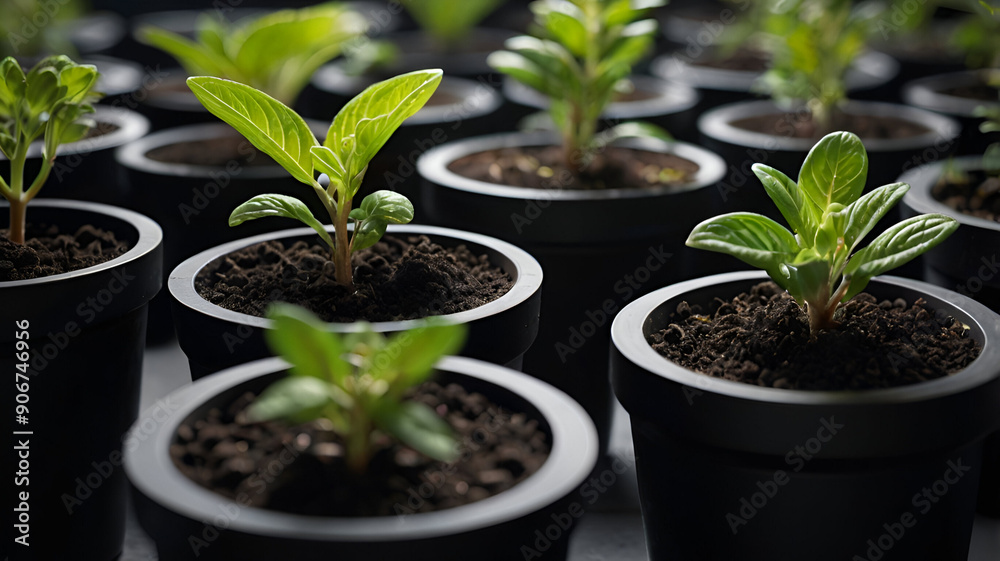 A close-up view of young plants in black pots, highlighting the early growth stages of the plants. The image captures the potential and promise of plants. A close-up view of young plants in black pots, highlighting the early growth stages of the plants. The image captures the potential and promise of plants.