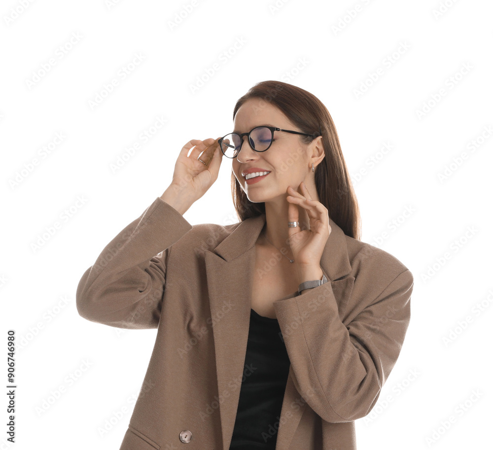 Beautiful woman in stylish brown jacket, glasses and black dress on white background Beautiful woman in stylish brown jacket, glasses and black dress on white background