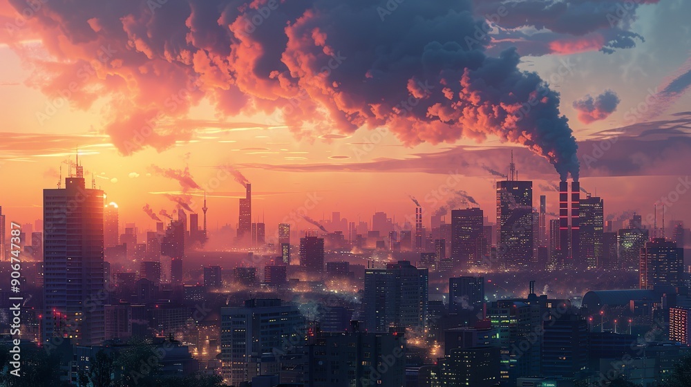 Fototapeta premium A dramatic view of a city skyline with visible smoke and pollution, highlighting the need for sustainability and climate action to reduce global warming impacts and protect air quality. high