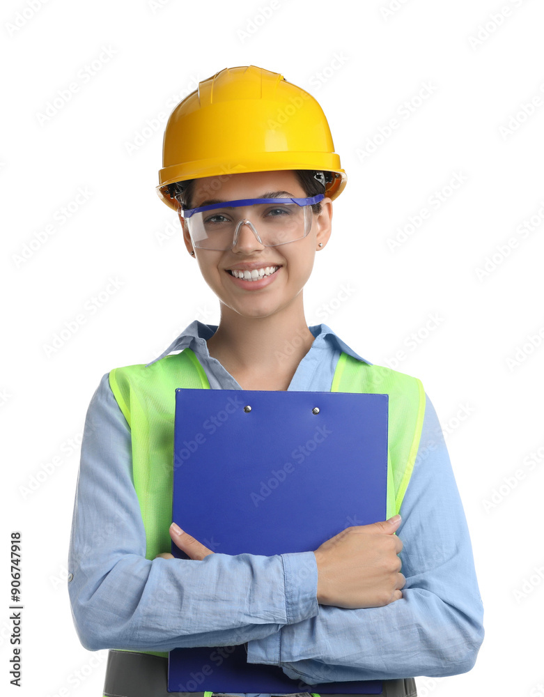 Engineer in hard hat with clipboard on white background Engineer in hard hat with clipboard on white background