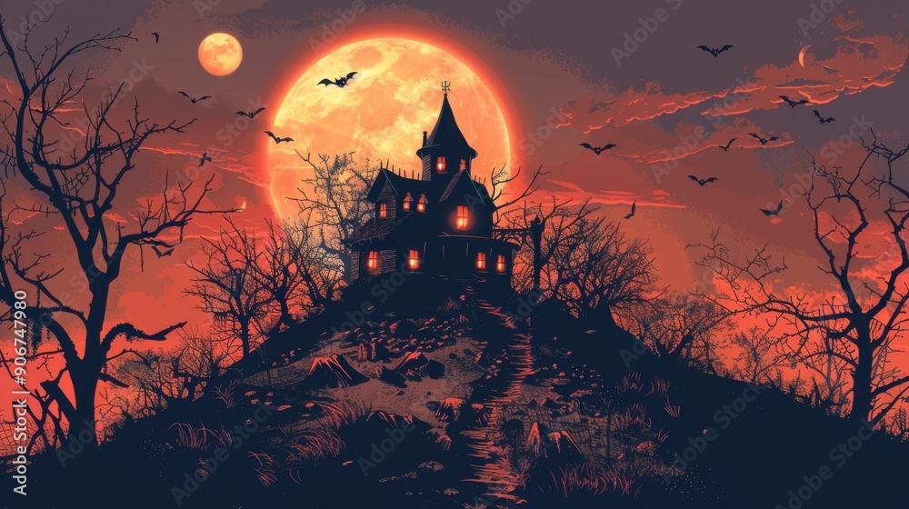 An old, spooky house on top of a hill with a full moon An old, spooky house on top of a hill with a full moon