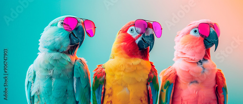 three parrots wearing sunglasses in front of a colorful background photo