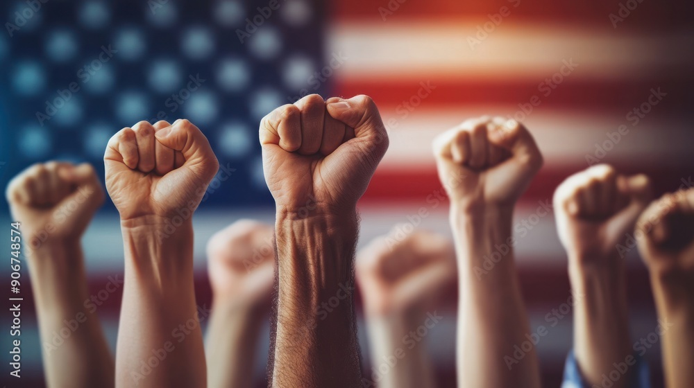 raised fist showing unity against the background of the American flag raised fist showing unity against the background of the American flag