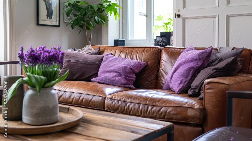 The inviting living room features a brown leather couch adorned with purple cushions next to a beautiful plant, creating a warm and comfortable atmosphere The inviting living room features a brown leather couch adorned with purple cushions next to a beautiful plant, creating a warm and comfortable atmosphere